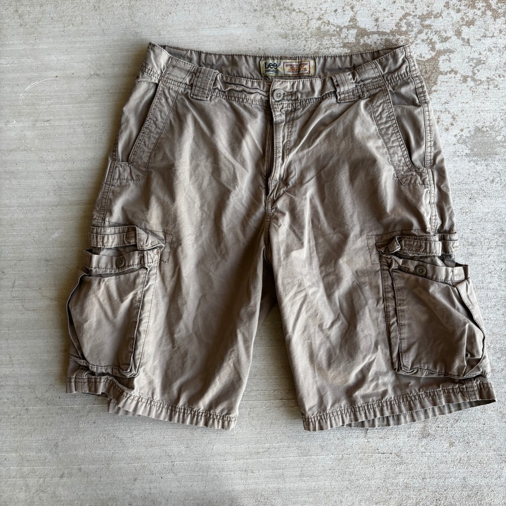 Lee Dungarees Mens Khaki Tan Cargo Shorts Size 33 Relaxed Fit Cotton Canvas FLAW